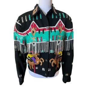 Vintage Modi Denim Beaded Rodeo Cowboy Jacket Fringe Sequin Southwestern 80s